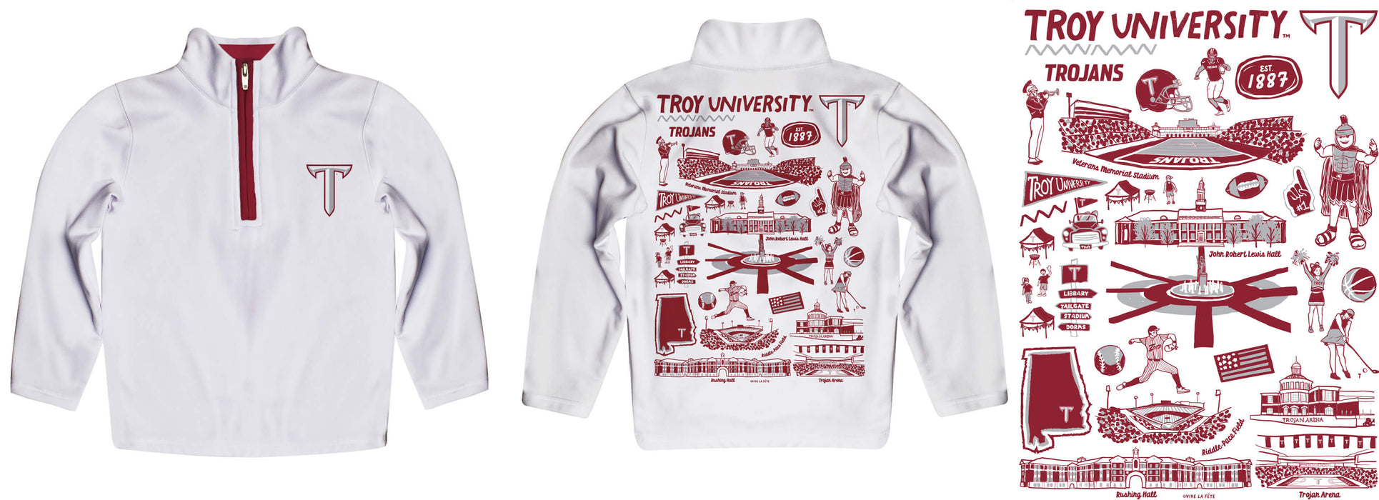 Troy Trojans Hand Sketched Vive La Fete Impressions Artwork White Boys Quarter Zip Pullover V1