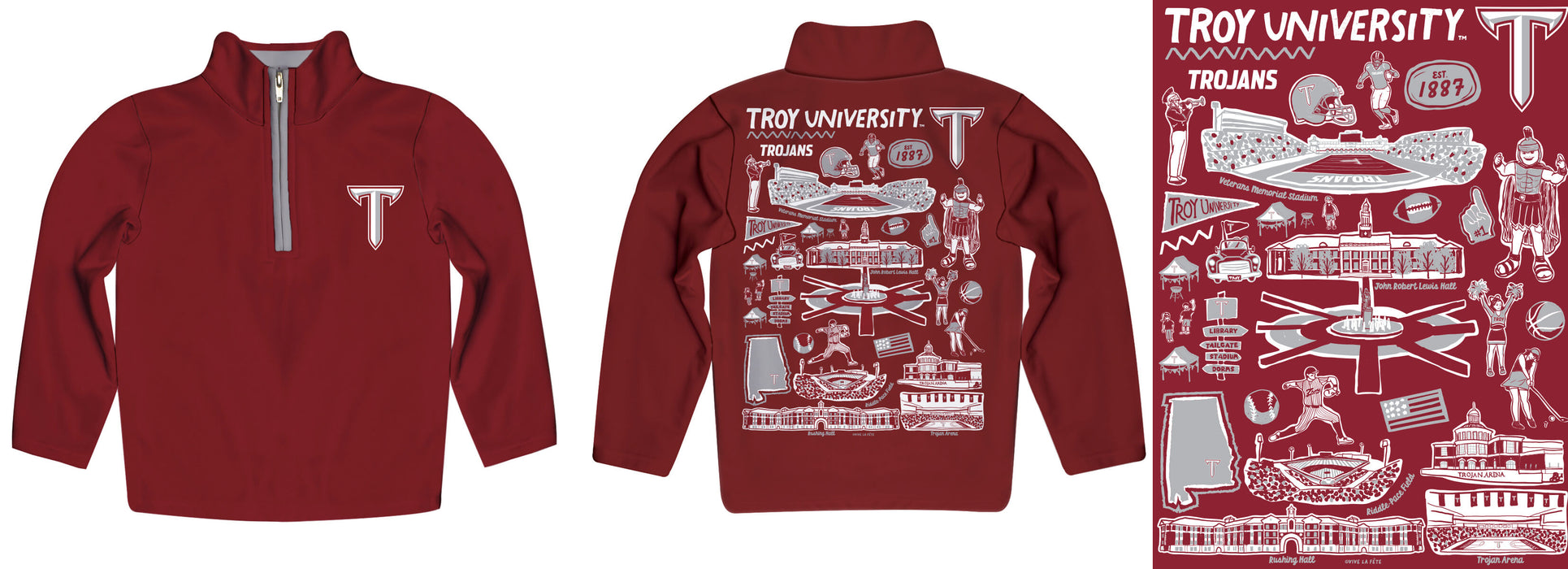 Troy Trojans Hand Sketched Vive La Fete Impressions Artwork Maroon Boys Quarter Zip Pullover V1