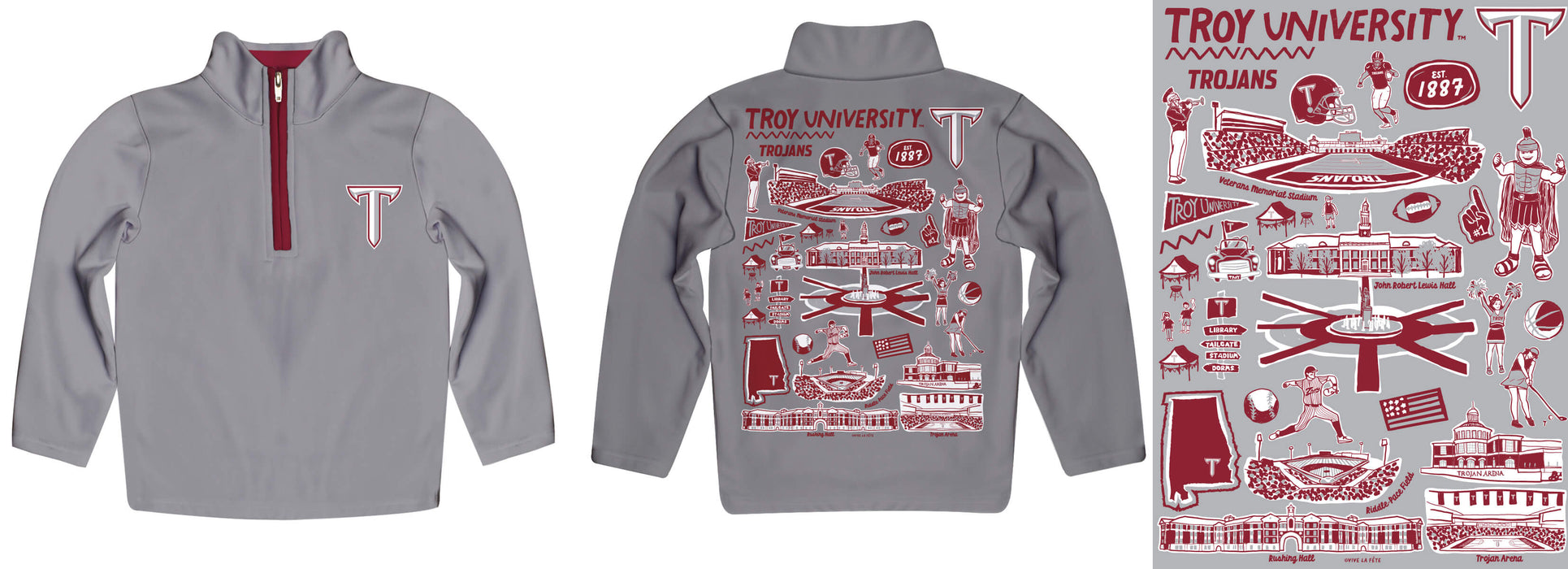 Troy Trojans Hand Sketched Vive La Fete Impressions Artwork Gray Boys Quarter Zip Pullover V1