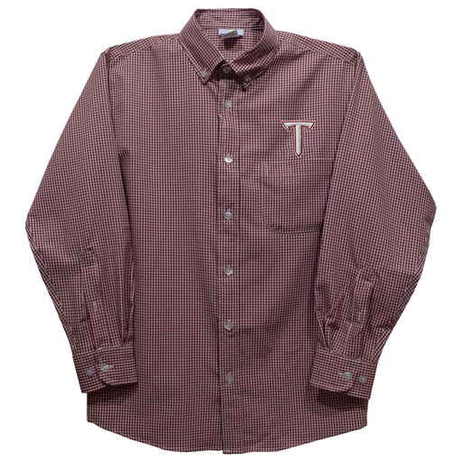 Troy Trojans Embroidered Maroon Gingham Long Sleeve Button Down