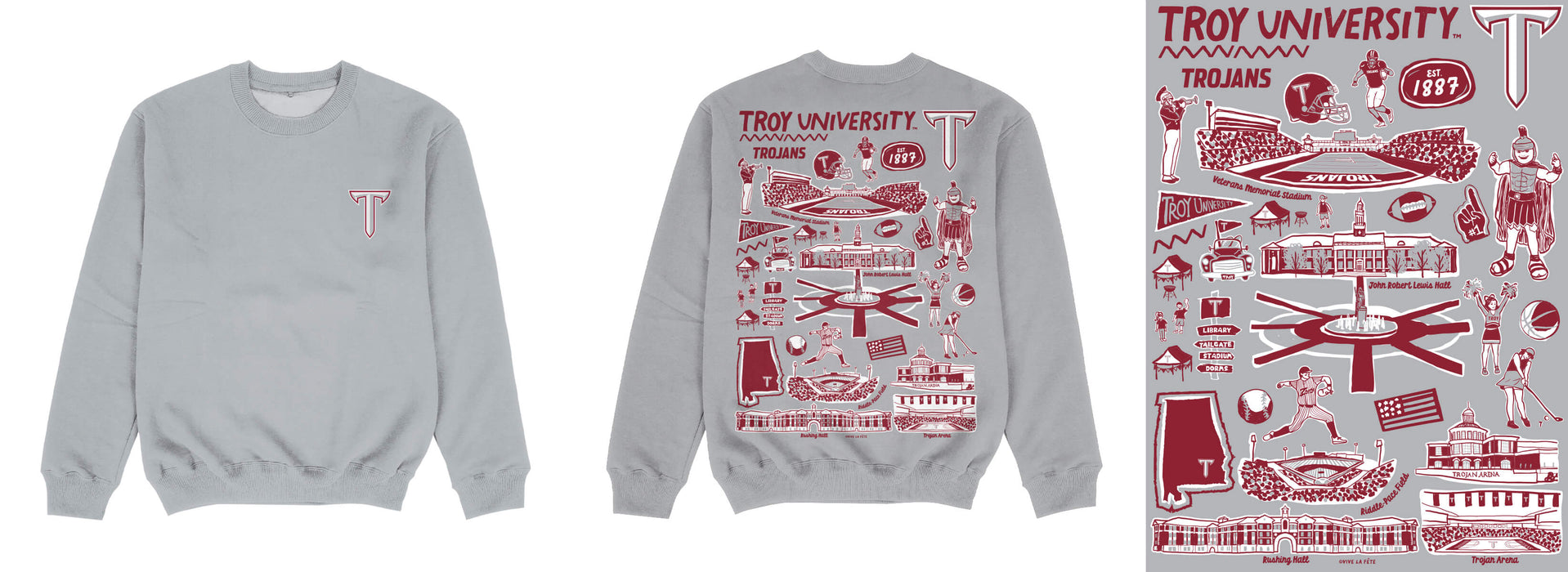 Troy Trojans Hand Sketched Impressions Artwork Gray Crewneck Sweatshirt for Women