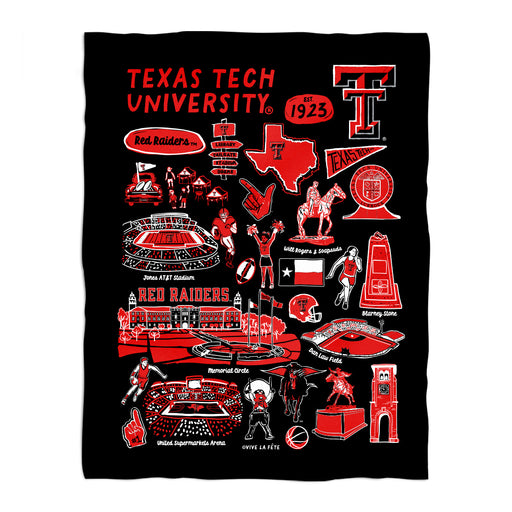 Texas Tech Red Raiders Black Hand Sketched Vive La Fete Impressions Artwork Plush Soft Minky Blanket 36 x 48