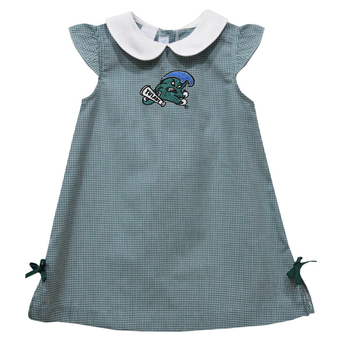 Tulane Green Wave Embroidered Hunter Green Gingham A Line Dress