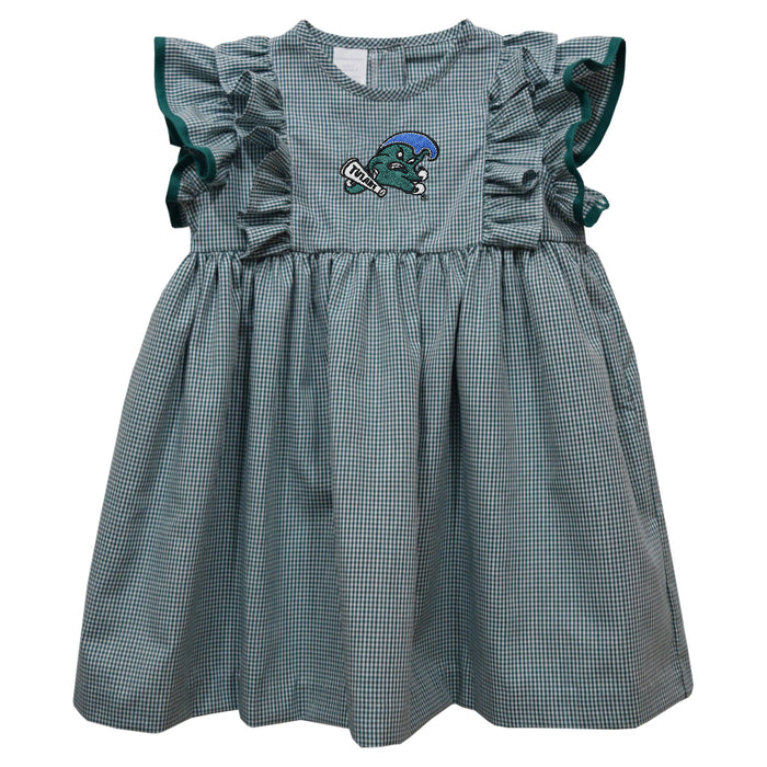 Tulane Green Wave Embroidered Hunter Green Gingham Ruffle Dress