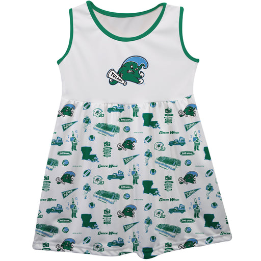 Tulane Green Wave Sleeveless Tank Dress Girls White Repeat Print Hand Sketched Vive La Fete Impressions