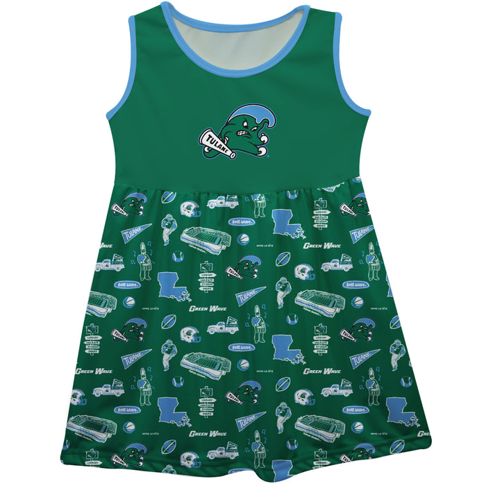 Tulane Green Wave Sleeveless Tank Dress Girls Green Repeat Print Hand Sketched Vive La Fete Impressions