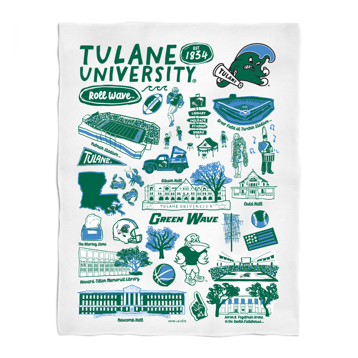 Tulane Green Wave White Hand Sketched Vive La Fete Impressions Artwork Plush Soft Minky Blanket 36 x 48