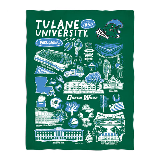 Tulane Green Wave Green Hand Sketched Vive La Fete Impressions Artwork Plush Soft Minky Blanket 36 x 48