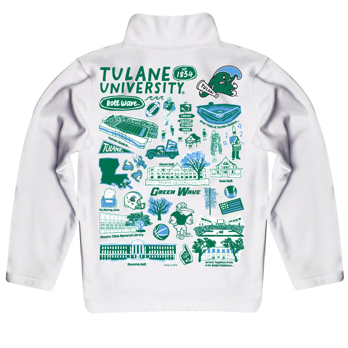 Tulane Green Wave Hand Sketched Vive La Fete Impressions Artwork White Boys Quarter Zip Pullover V1