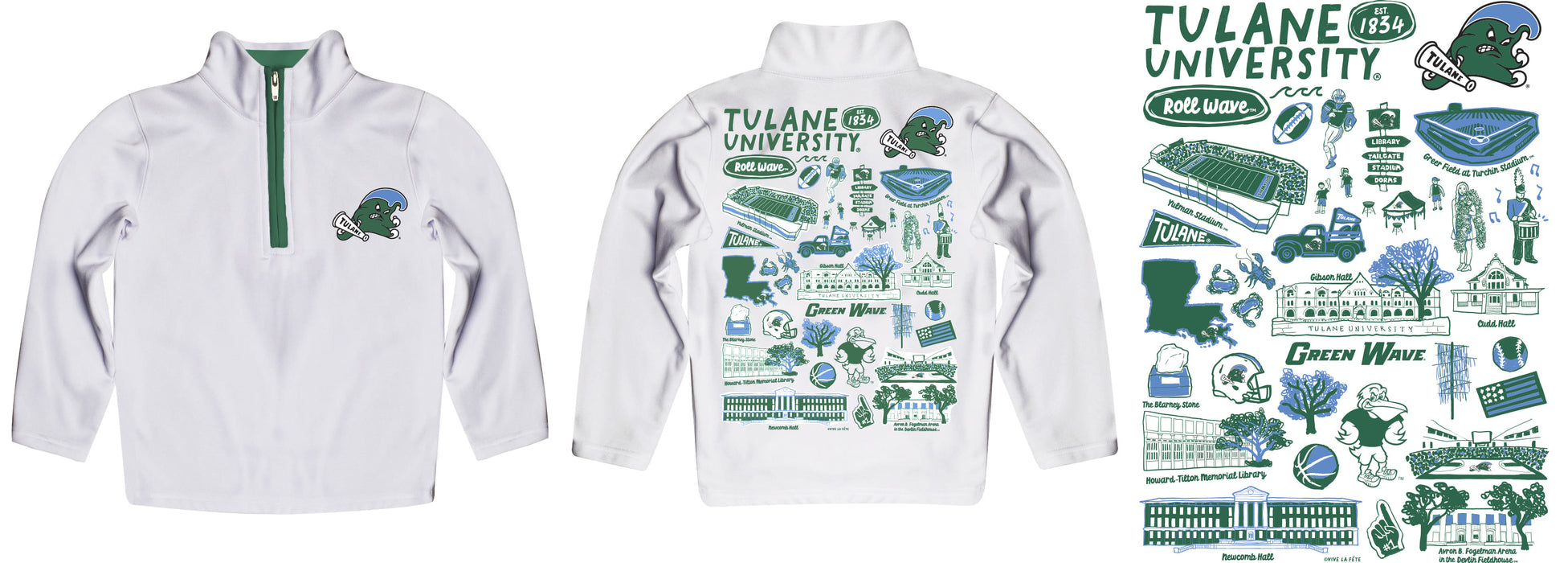 Tulane Green Wave Hand Sketched Vive La Fete Impressions Artwork White Boys Quarter Zip Pullover V1