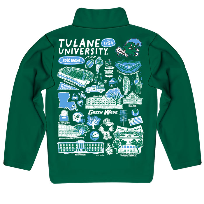 Tulane Green Wave Hand Sketched Vive La Fete Impressions Artwork Green Boys Quarter Zip Pullover V1