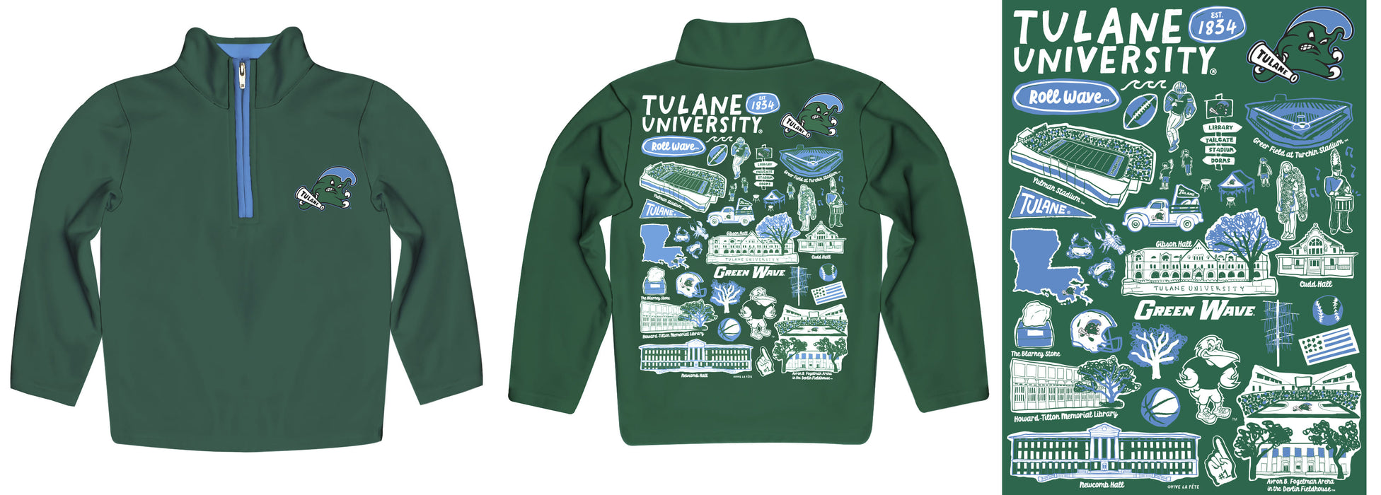 Tulane Green Wave Hand Sketched Vive La Fete Impressions Artwork Green Boys Quarter Zip Pullover V1