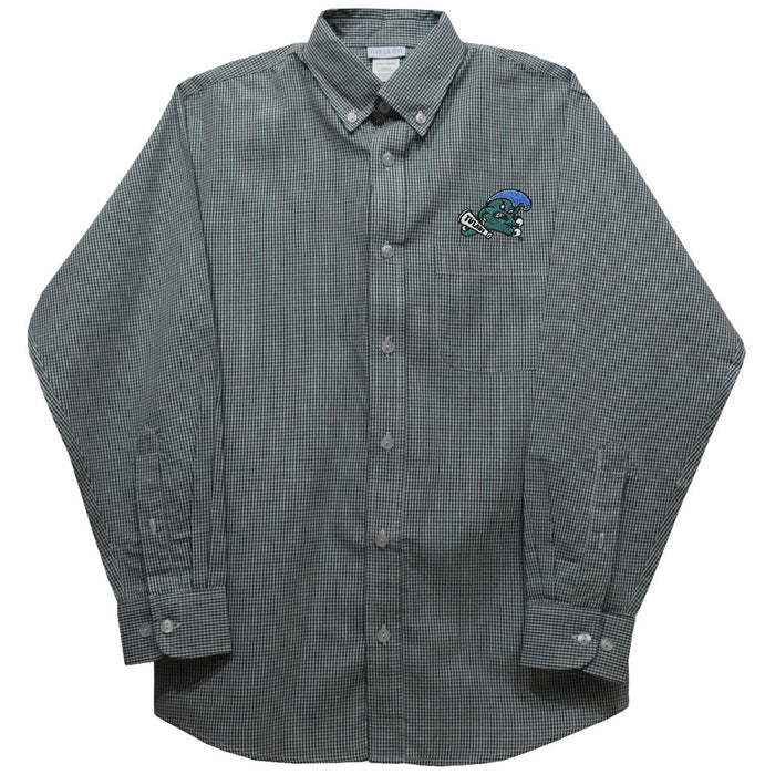 Tulane Green Wave Embroidered Hunter Green Gingham Long Sleeve Button Down