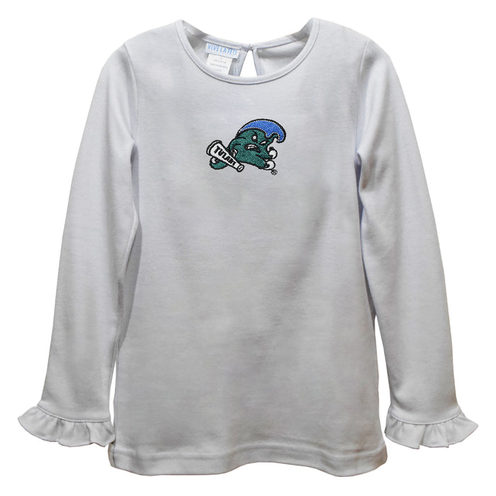 Tulane Green Wave Embroidered White Knit Long Sleeve Girls Blouse