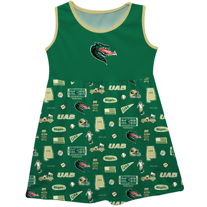 Alabama at Birmingham Blazers Sleeveless Tank Dress Girls Green Repeat Print Hand Sketched Vive La Fete Impressions