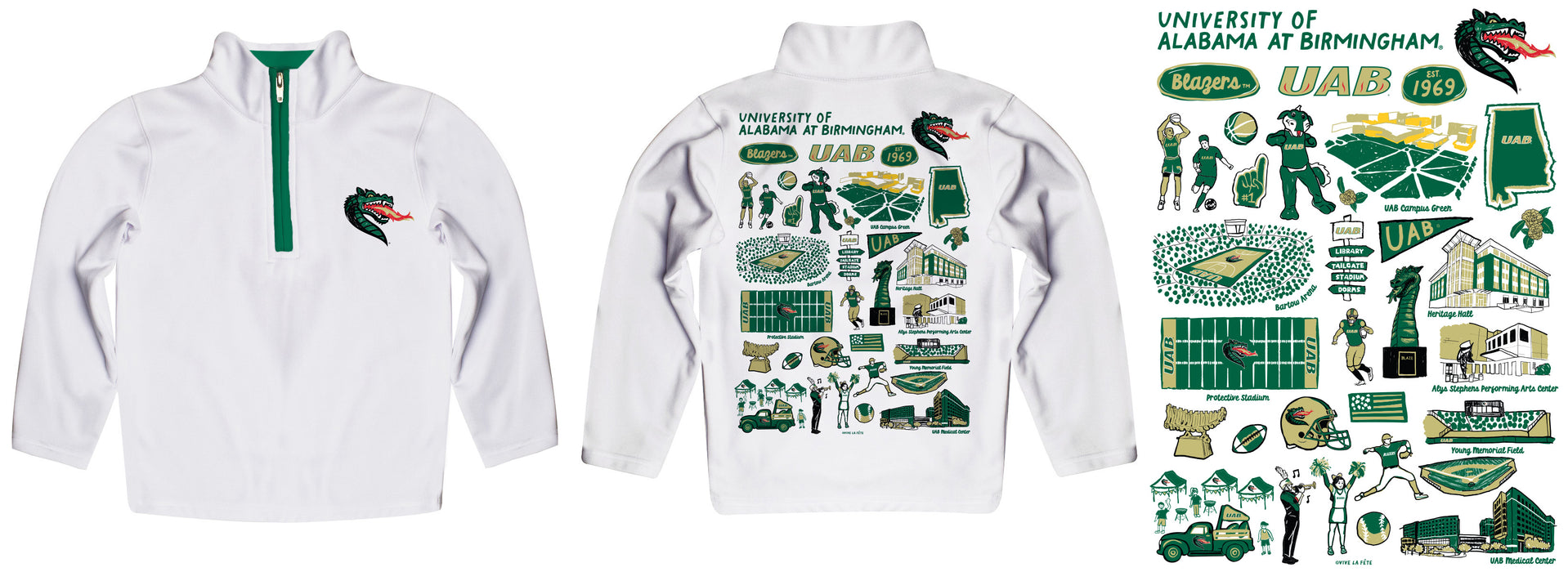 Alabama at Birmingham Blazers Hand Sketched Vive La Fete Impressions Artwork White Boys Quarter Zip Pullover V1