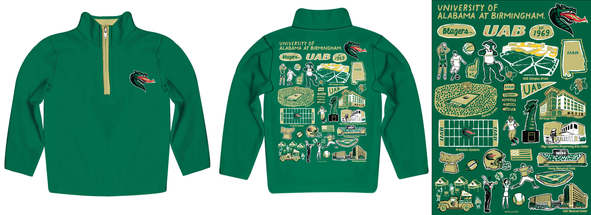 Alabama at Birmingham Blazers Hand Sketched Vive La Fete Impressions Artwork Green Boys Quarter Zip Pullover V1