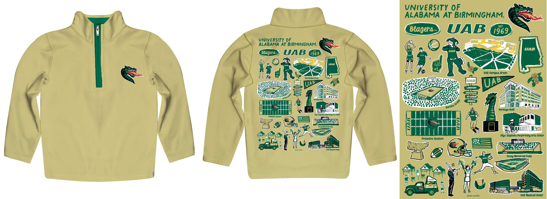 Alabama at Birmingham Blazers Hand Sketched Vive La Fete Impressions Artwork Gold Boys Quarter Zip Pullover V1