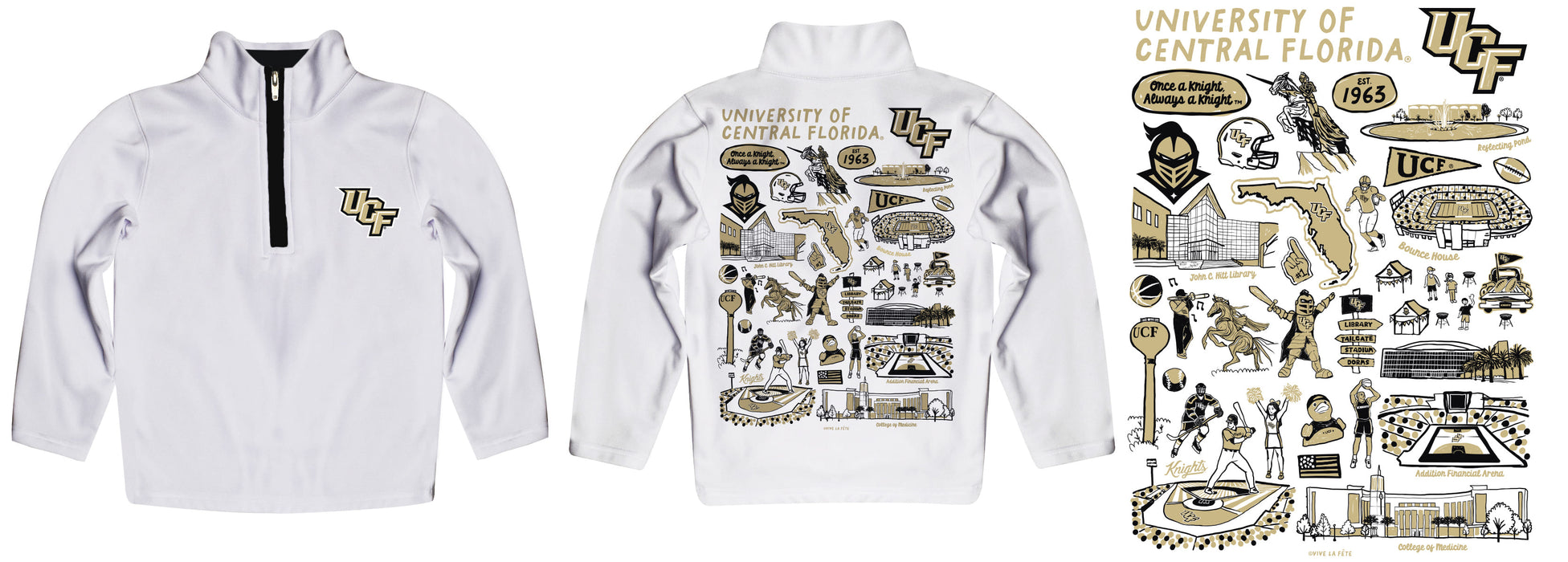 UCF Knights Hand Sketched Vive La Fete Impressions Artwork White Boys Quarter Zip Pullover V1