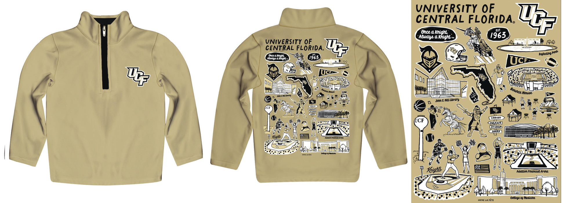 UCF Knights Hand Sketched Vive La Fete Impressions Artwork Gold Boys Quarter Zip Pullover V1