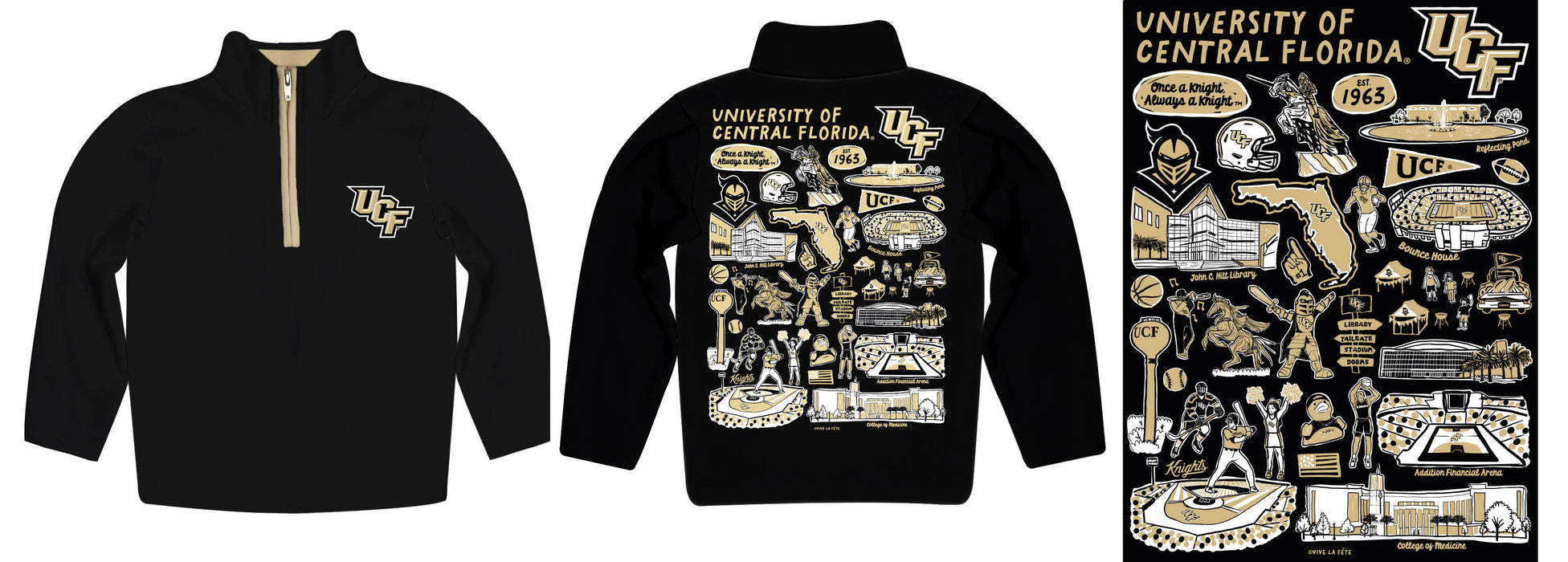 UCF Knights Hand Sketched Vive La Fete Impressions Artwork  Black Boys Quarter Zip Pullover V1