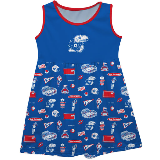 Kansas Jayhawks Sleeveless Tank Dress Girls Blue Repeat Print Hand Sketched Vive La Fete Impressions