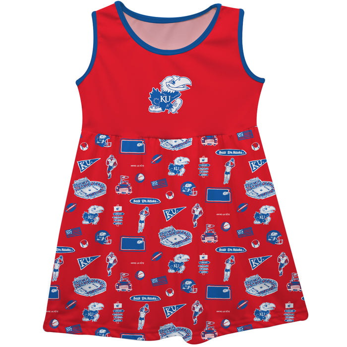 Kansas Jayhawks Sleeveless Tank Dress Girls Red Repeat Print Hand Sketched Vive La Fete Impressions