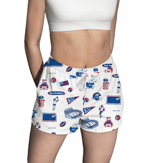 Kansas Jayhawks Repeat Print Hand Sketched Vive La Fete Impressions Artwork Womens White Lounge Shorts