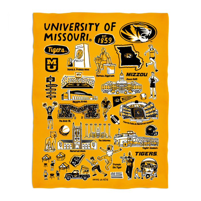 Missouri Tigers MU Gold Hand Sketched Vive La Fete Impressions Artwork Plush Soft Minky Blanket 36 x 48