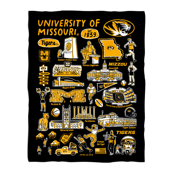 Missouri Tigers MU Black Hand Sketched Vive La Fete Impressions Artwork Plush Soft Minky Blanket 36 x 48