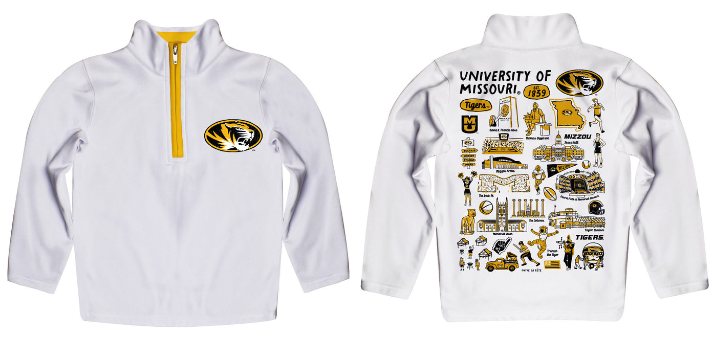 Missouri Tigers MU Hand Sketched Vive La Fete Impressions Artwork  White Boys Quarter Zip Pullover V1