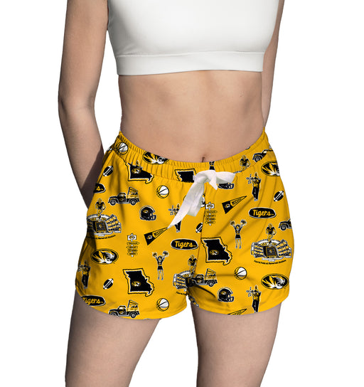 Missouri Tigers MU Repeat Print Hand Sketched Vive La Fete Impressions Artwork Womens Gold Lounge Shorts