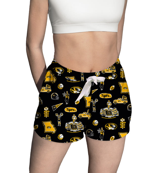 Missouri Tigers MU Repeat Print Hand Sketched Vive La Fete Impressions Artwork Womens Black Lounge Shorts