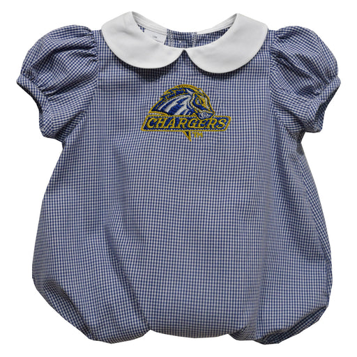 University of New Haven Chargers Embroidered Navy Gingham Girls Baby Bubble Short Sleeve