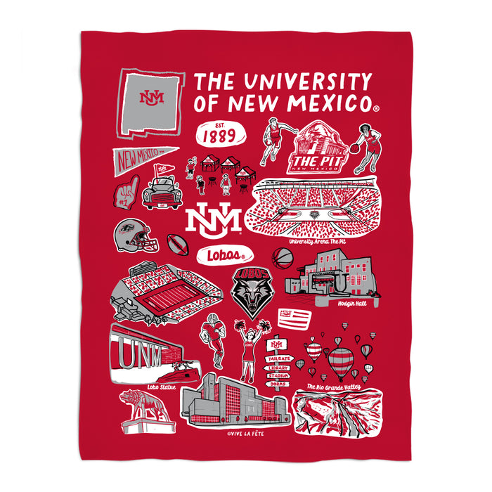 New Mexico Lobos UNM Red Hand Sketched Vive La Fete Impressions Artwork Plush Soft Minky Blanket 36 x 48