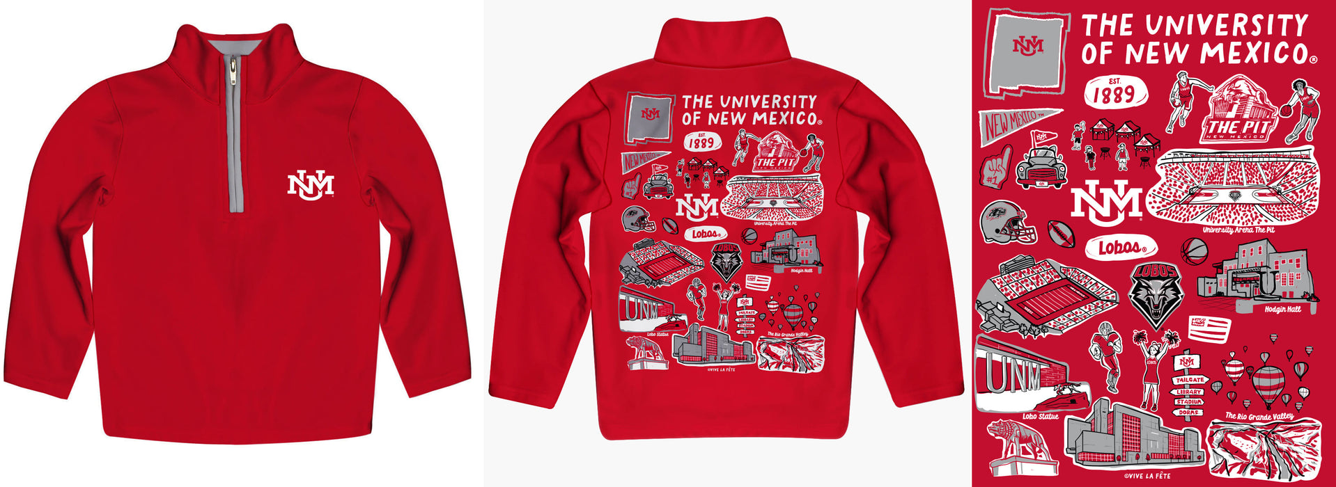 New Mexico Lobos UNM Hand Sketched Vive La Fete Impressions Artwork  Red Boys Quarter Zip Pullover V1