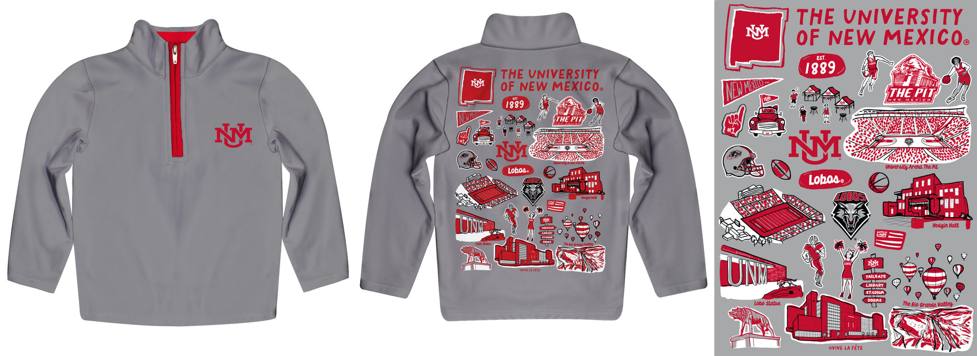 New Mexico Lobos UNM Hand Sketched Vive La Fete Impressions Artwork Gray Boys Quarter Zip Pullover V1