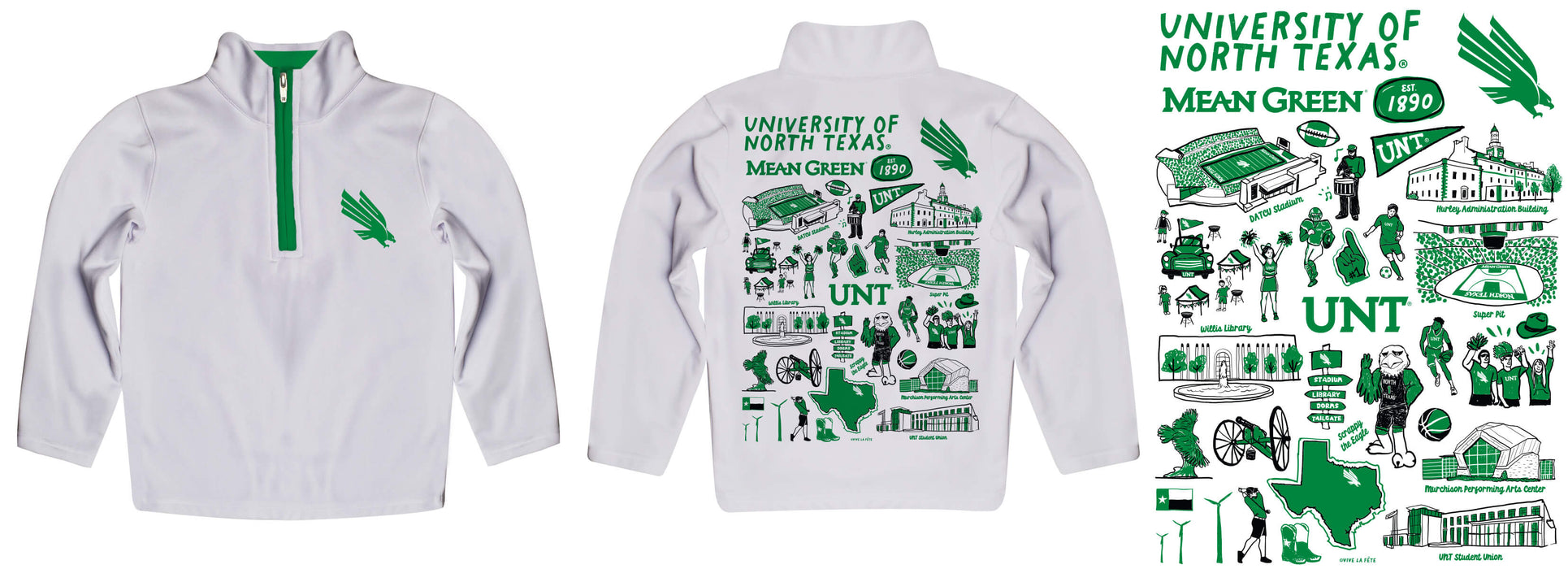 North Texas Mean Green Hand Sketched Vive La Fete Impressions Artwork White Boys Quarter Zip Pullover V1