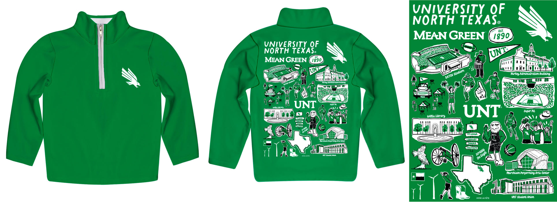 North Texas Mean Green Hand Sketched Vive La Fete Impressions Artwork  Green Boys Quarter Zip Pullover V1