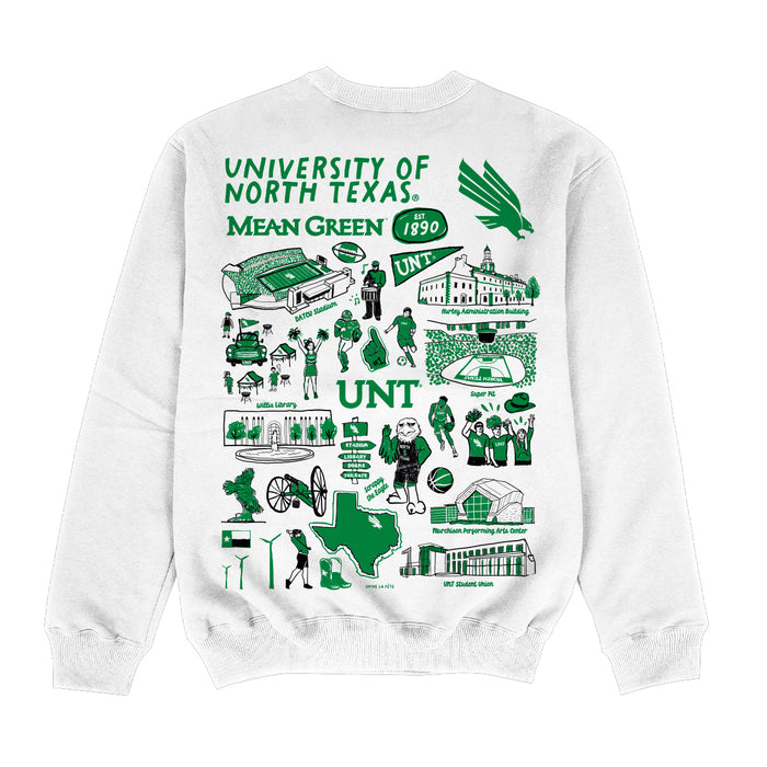 North Texas Mean Green Hand Sketched Impressions Artwork White Crewneck Sweatshirt for Women