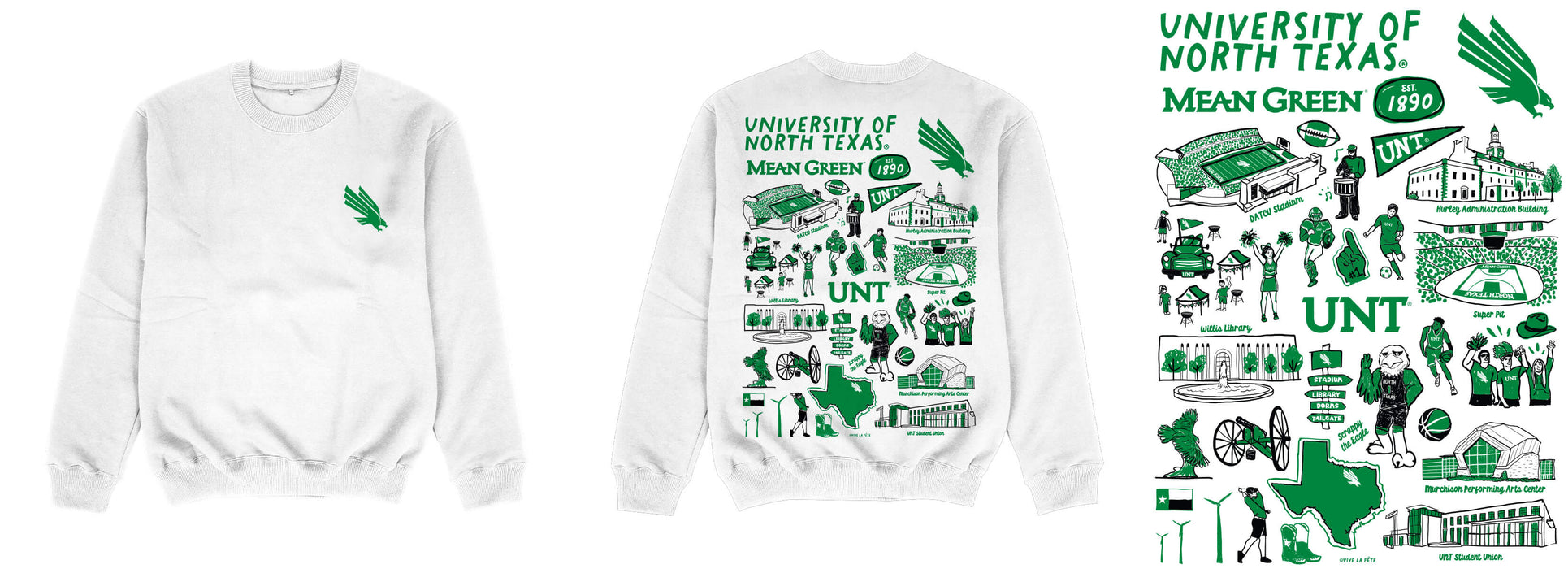 North Texas Mean Green Hand Sketched Impressions Artwork White Crewneck Sweatshirt for Women