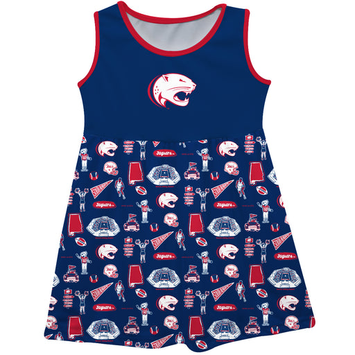 South Alabama Jaguars Sleeveless Tank Dress Girls Blue Repeat Print Hand Sketched Vive La Fete Impressions