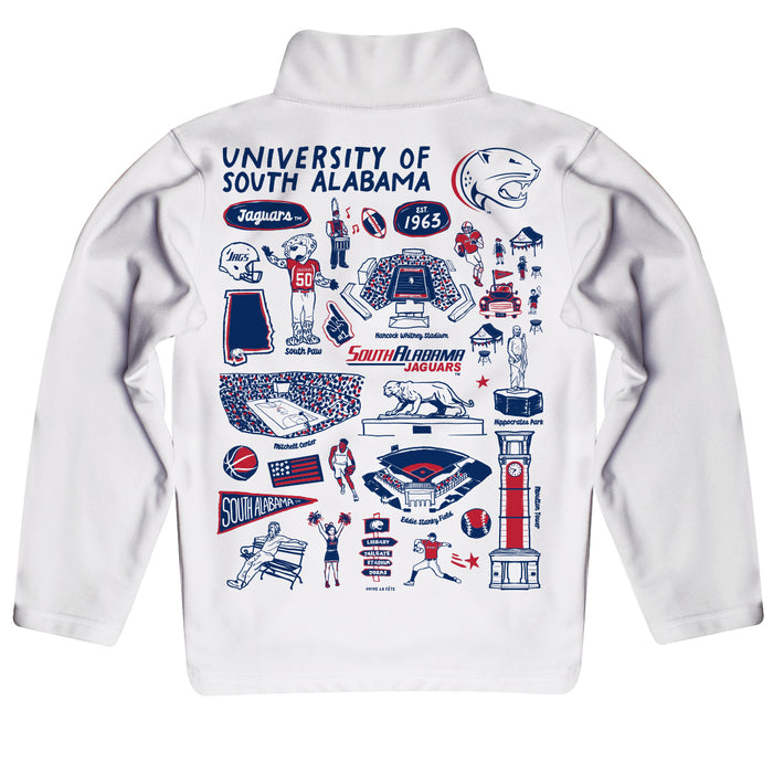 South Alabama Jaguars Hand Sketched Vive La Fete Impressions Artwork White Boys Quarter Zip Pullover V1