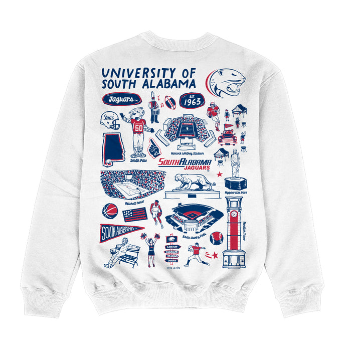 South Alabama Jaguars Hand Sketched Impressions Artwork White Crewneck Sweatshirt for Women