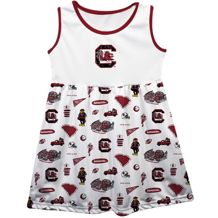 South Carolina Gamecocks Sleeveless Tank Dress Girls White Repeat Print Hand Sketched Vive La Fete Impressions