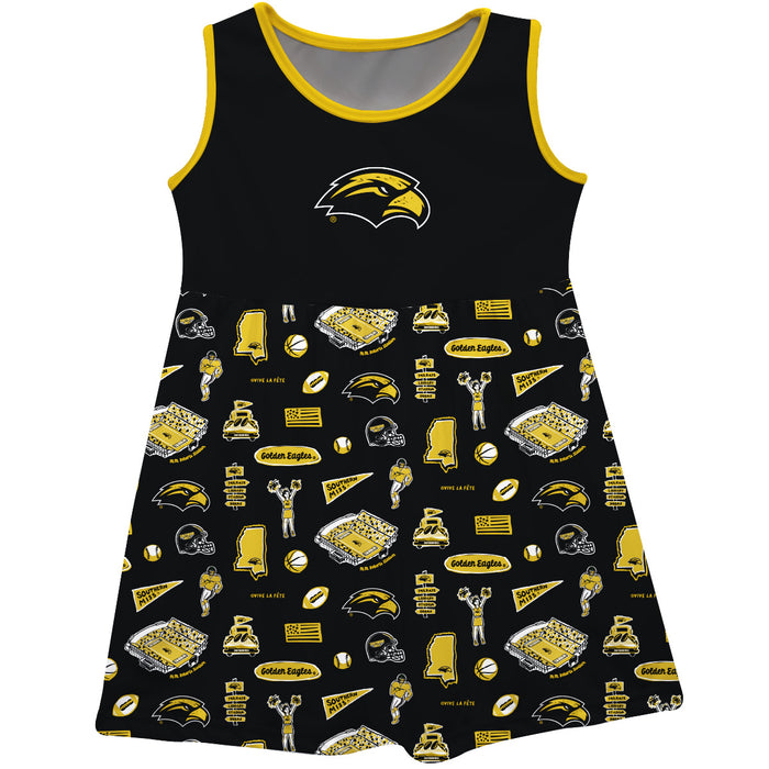 Southern Miss Golden Eagles Sleeveless Tank Dress Girls Black Repeat Print Hand Sketched Vive La Fete Impressions