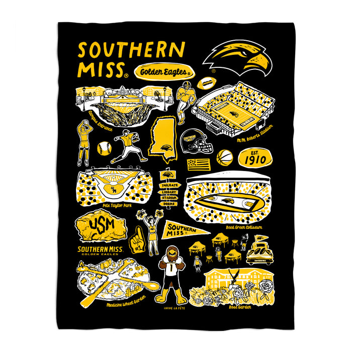 Southern Miss Golden Eagles Black Hand Sketched Vive La Fete Impressions Artwork Plush Soft Minky Blanket 36 x 48