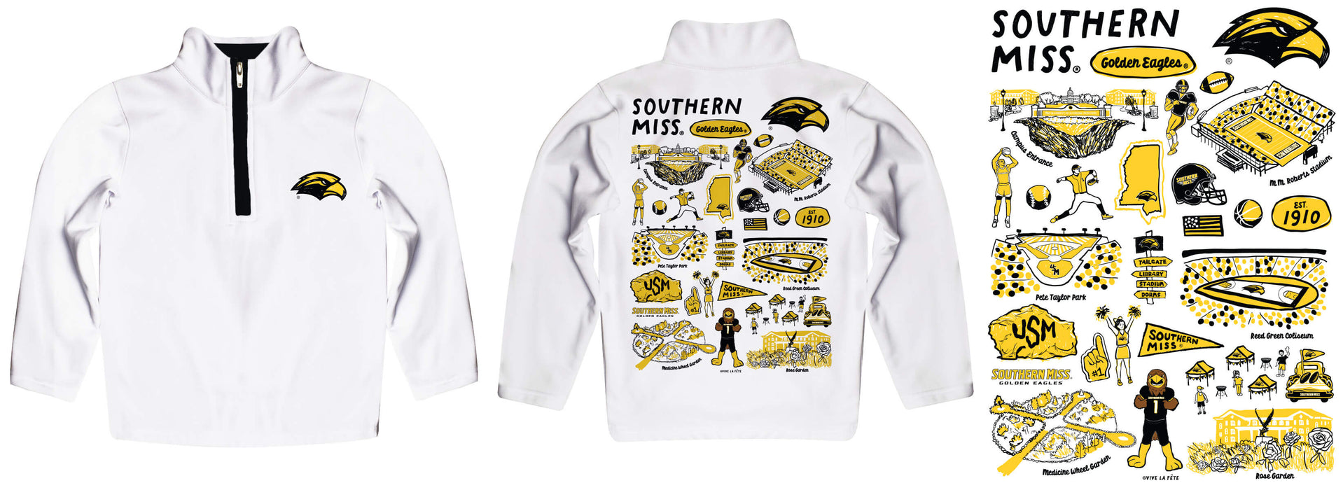 Southern Miss Golden Eagles Hand Sketched Vive La Fete Impressions Artwork White Boys Quarter Zip Pullover V1