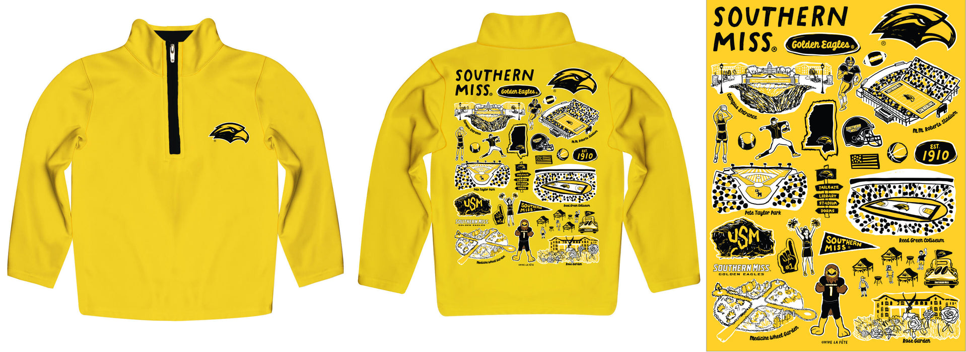 Southern Miss Golden Eagles Hand Sketched Vive La Fete Impressions Artwork Gold Boys Quarter Zip Pullover V1