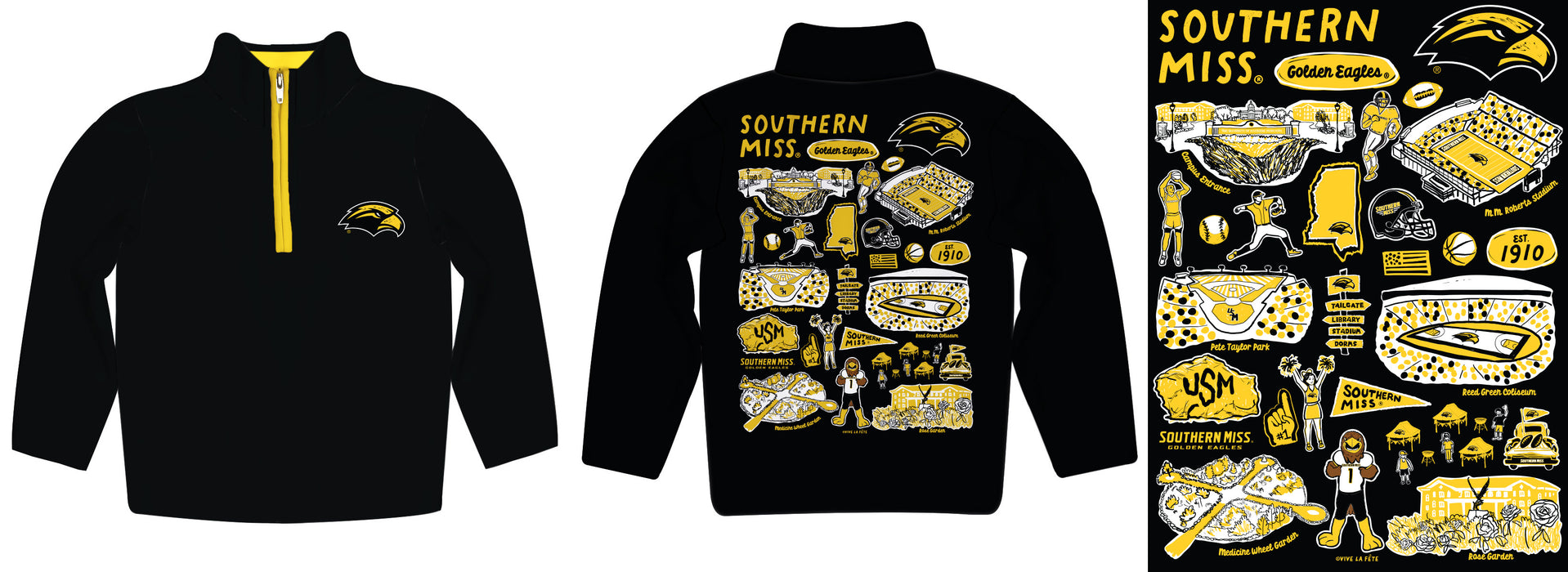 Southern Miss Golden Eagles Hand Sketched Vive La Fete Impressions Artwork Black Boys Quarter Zip Pullover V1